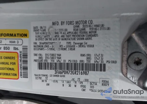 2016 Ford Fusion Se z USA, uszkodzony, nr VIN 3FA6P0H72GR216987